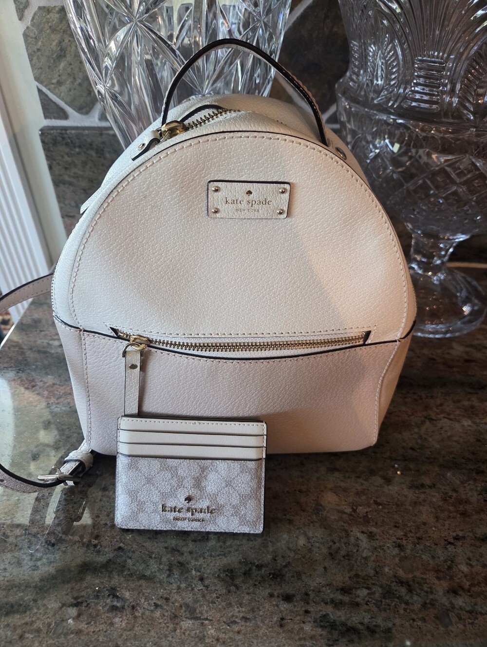 Kate Spade Cream And Beige Leather Small Backpack And Cardholder
